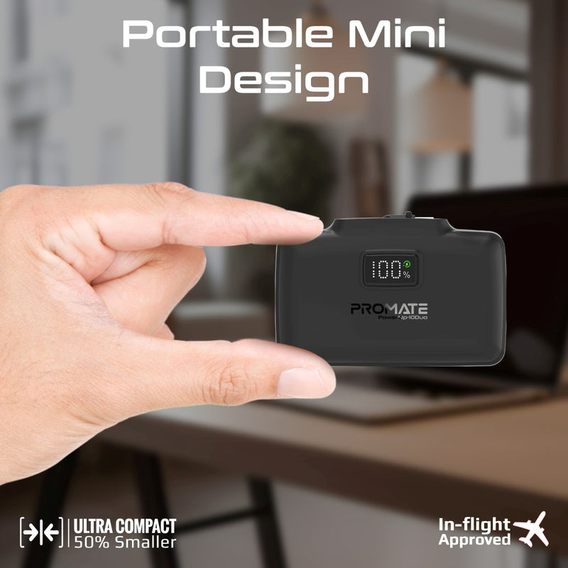 Promate 10000mAh Ultra-Compact fast charging Power Bank with Dual Folding USB-C & Lightning Connector - Black