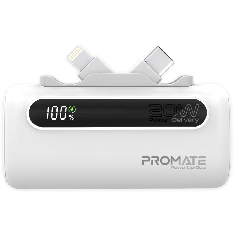 Promate 5000mAh Ultra-Compact fast charging Power Bank with Dual Folding USB-C & Lightning Connector - White