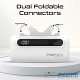 Promate 5000mAh Ultra-Compact fast charging Power Bank with Dual Folding USB-C & Lightning Connector - White