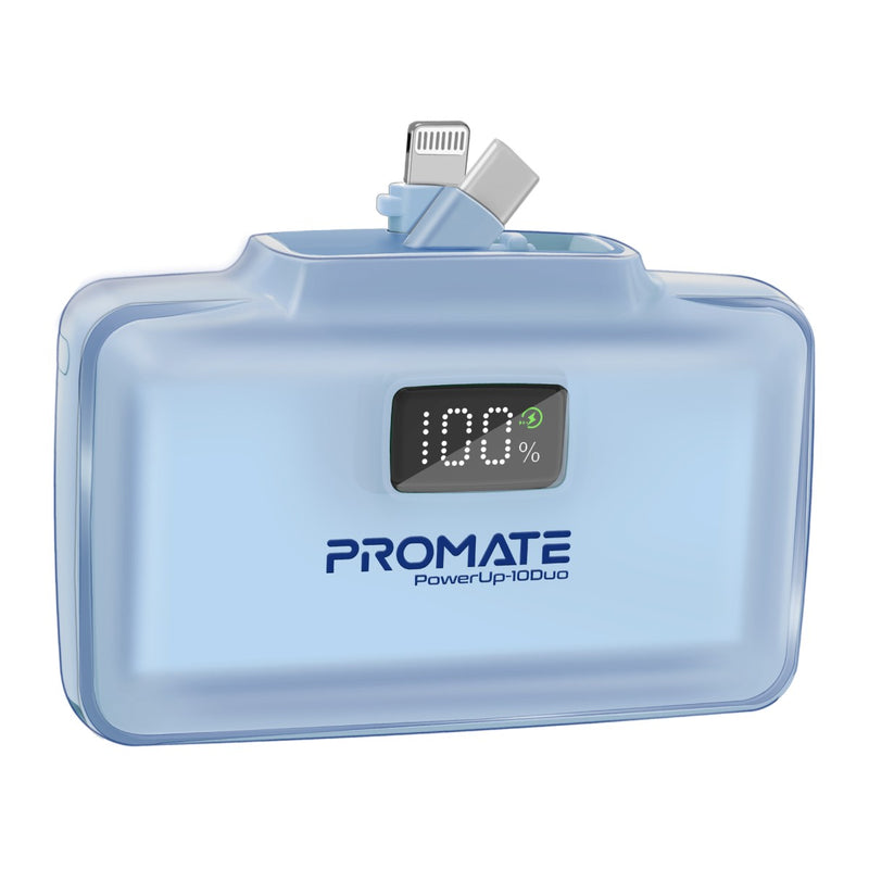 Promate 10000mAh Ultra-Compact fast charging Power Bank with Dual Folding USB-C & Lightning Connector - Blue