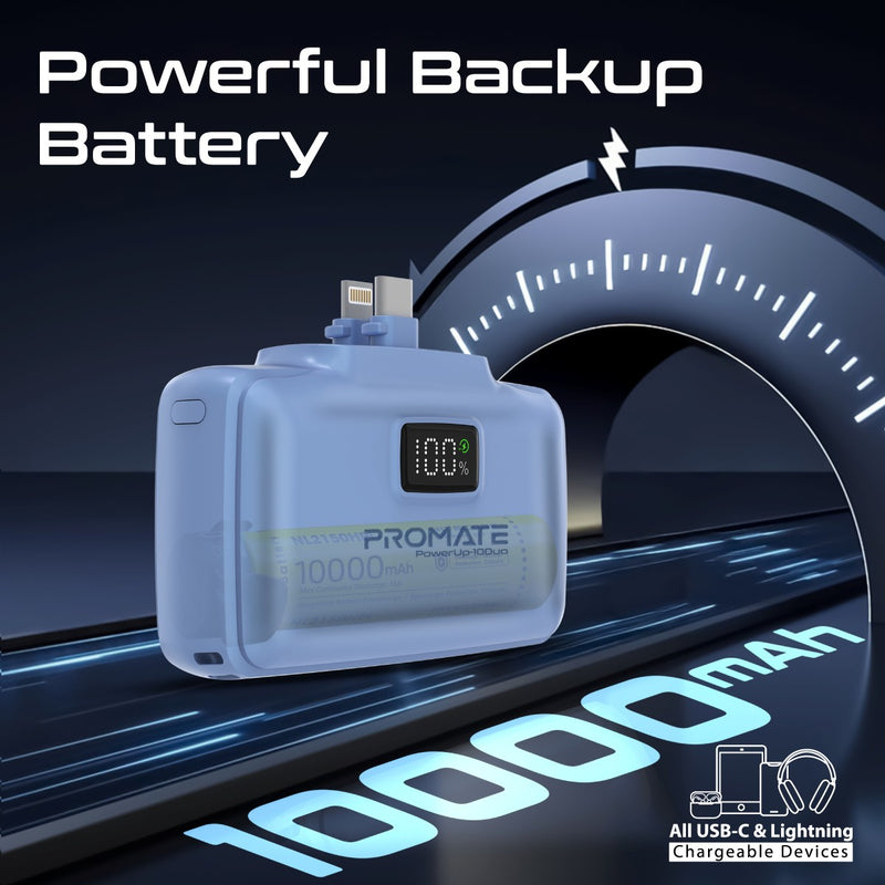 Promate 10000mAh Ultra-Compact fast charging Power Bank with Dual Folding USB-C & Lightning Connector - Blue