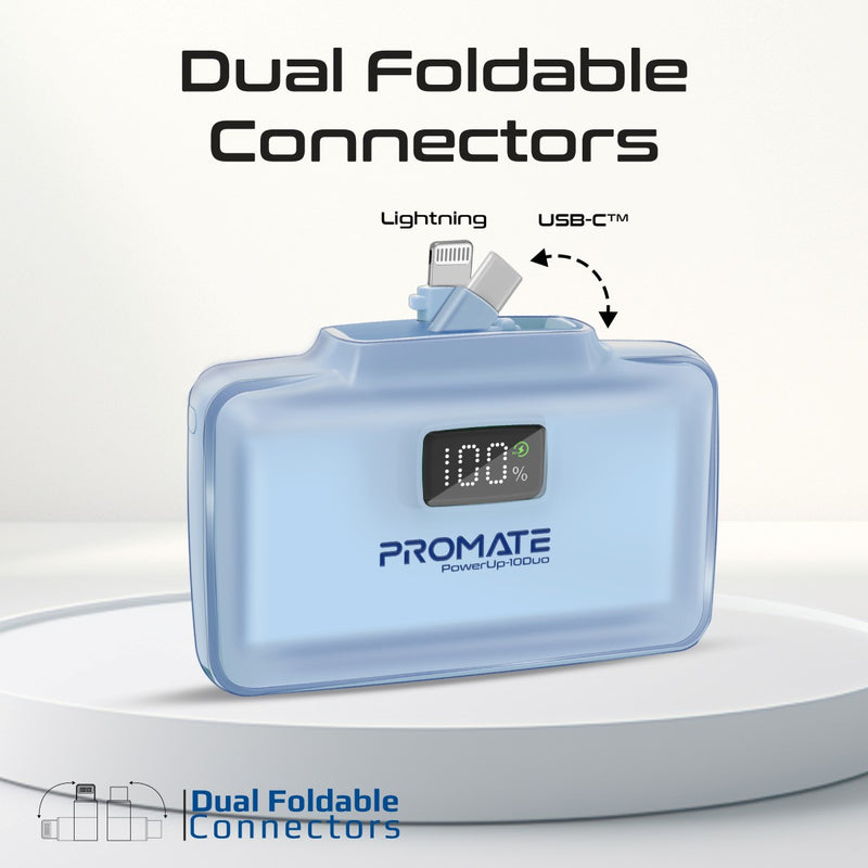 Promate 10000mAh Ultra-Compact fast charging Power Bank with Dual Folding USB-C & Lightning Connector - Blue