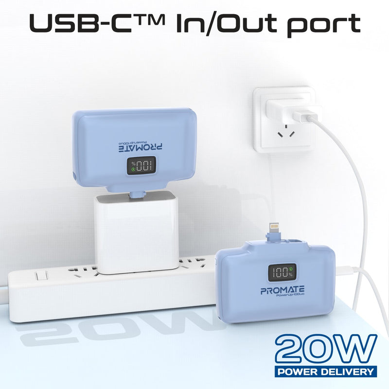 Promate 10000mAh Ultra-Compact fast charging Power Bank with Dual Folding USB-C & Lightning Connector - Blue