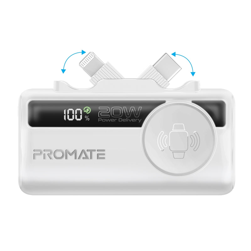 Promate 5000mAh Ultra-Compact fast charging Power Bank with Dual Folding USB-C & Lightning Connector  &  Apple Watch Charge