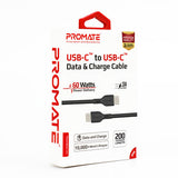 Promate Super-Flexible 60W USB-C to USB-C Cable  2A Standard Charging - BLACK