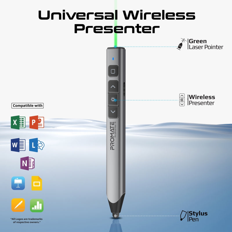 Promate Universal Intuitive Wireless Presenter with Stylus Pen, Gray