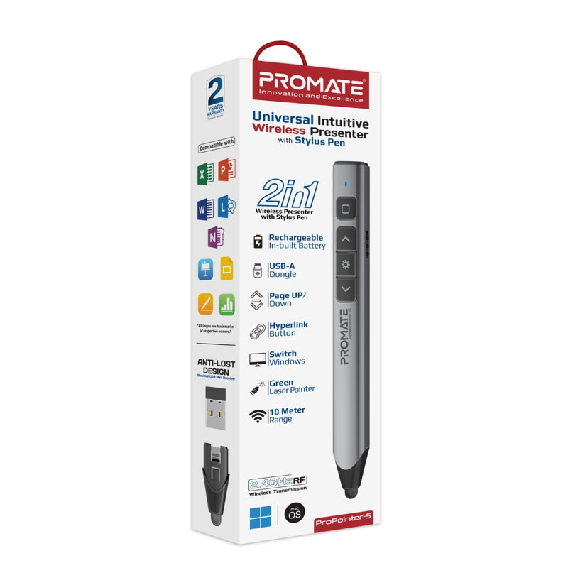Promate Universal Intuitive Wireless Presenter with Stylus Pen, Gray