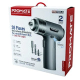 PROMATE 36 Pieces Wireless Electric Screwdriver Kit with LED Fill Light, Grey