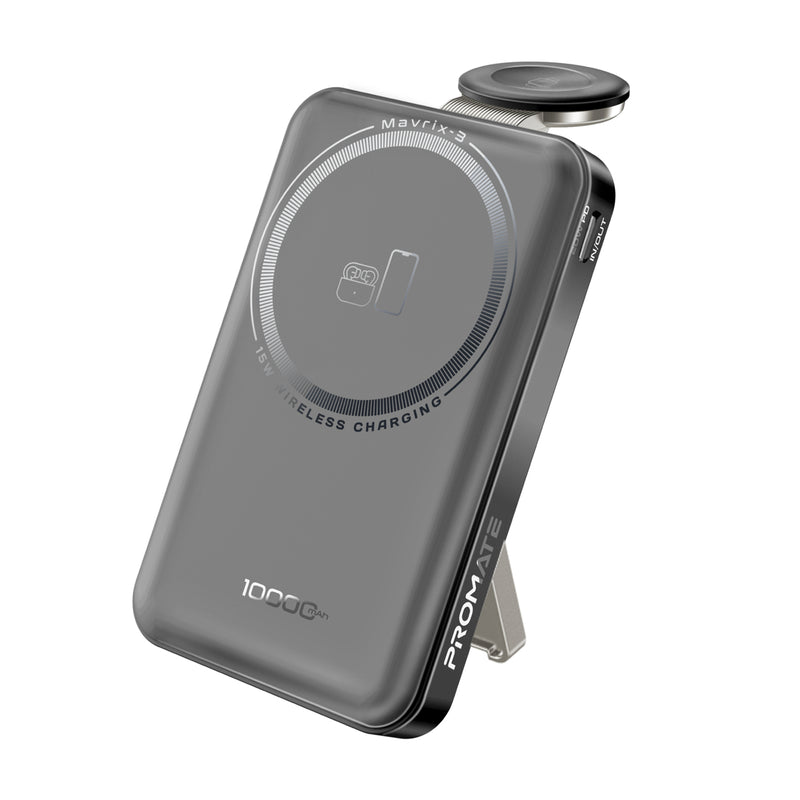 Promate 10000mAh Ultra-Compact 3 in 1 MagSafe Compatible Wireless Charging Power Bank 15W MagSafe Compatible Charger - Black