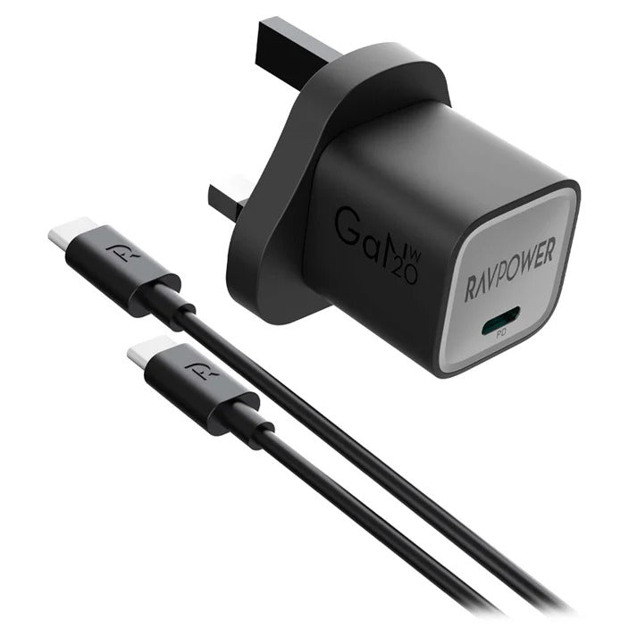 راف باور RP-PC1057 شاحن حائط GaN بقوة 20 واط + كابل USB-C إلى USB-C أسود