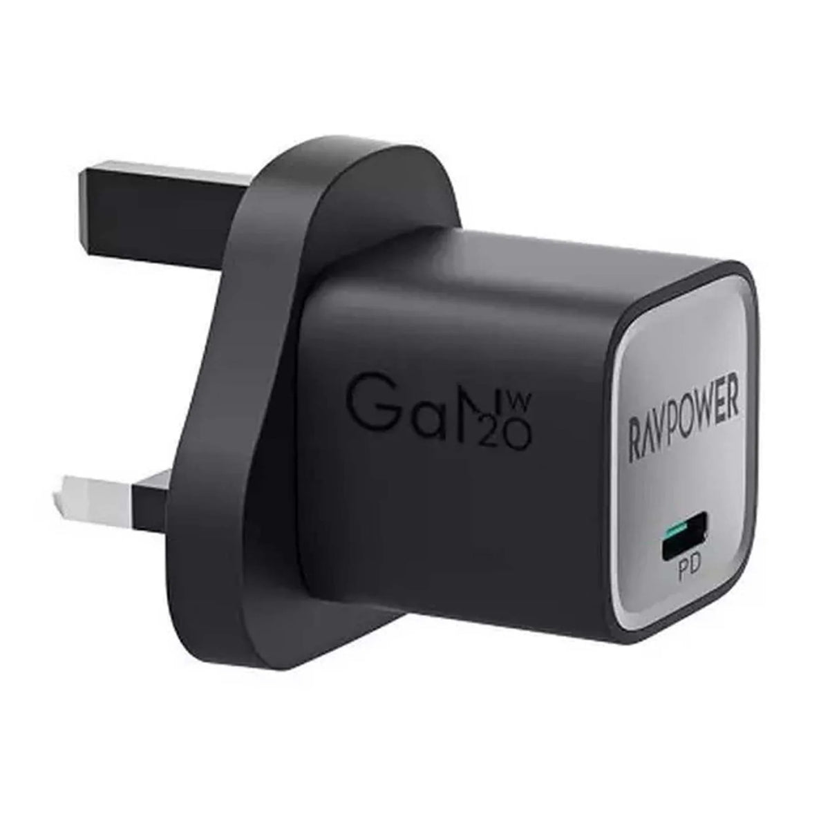 راف باور RP-PC1057 شاحن حائط GaN بقوة 20 واط + كابل USB-C إلى USB-C أسود