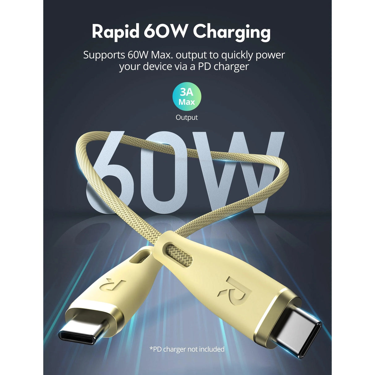 RAVPower RP-CB1037 60W C-C 1.2M USB2.0 3A Cable yellow - RP-CB1037Y