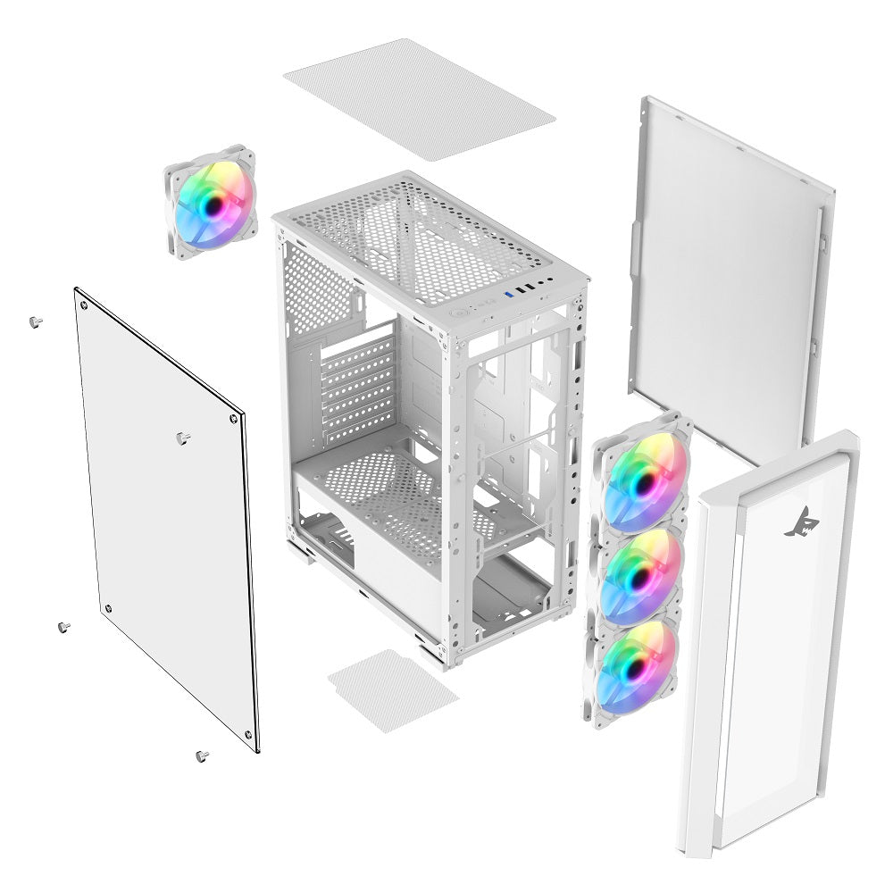 كيسة كمبيوتر شاركس STRIKER ARGB - كيسة كمبيوتر ATX مع لوحة شبكية أمامية، 4 مراوح مثبتة مسبقًا مقاس 120 مم، طراز S-200، أبيض