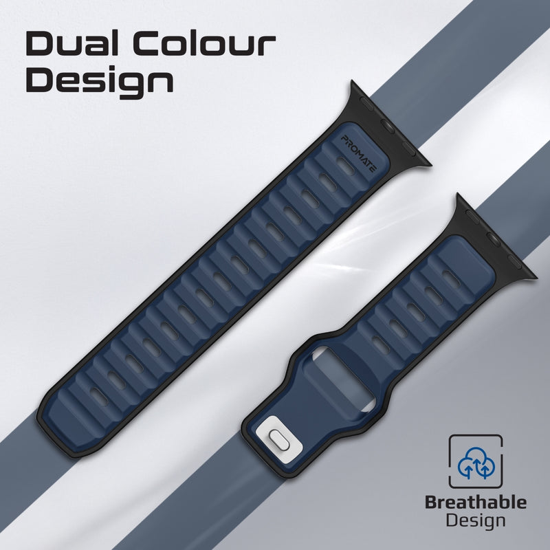 Promate Durable Two-Toned Silicone Sporty Watch Band For Apple Watch Series 1~9, SE & Ultra 1~2  Made from Premium Silicone materials - Blue