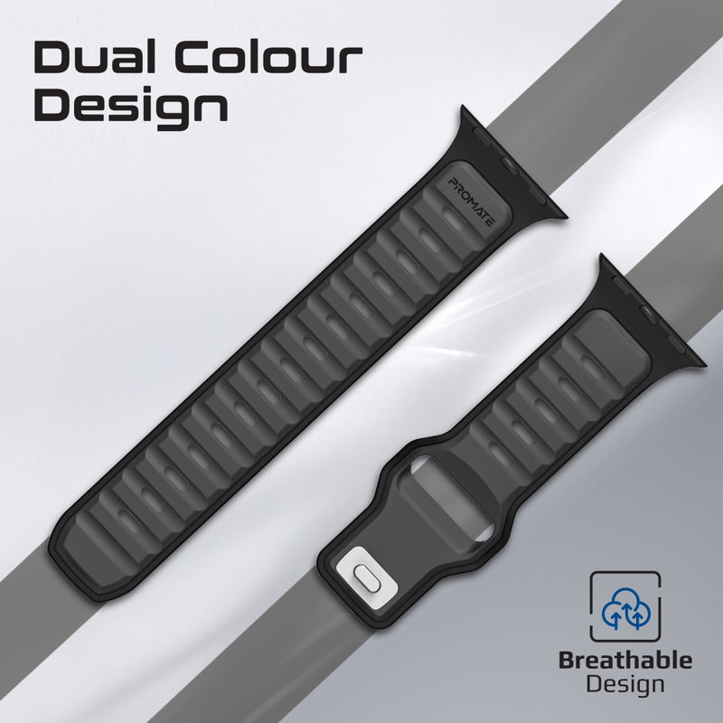 Promate Durable Two-Toned Silicone Sporty Watch Band For Apple Watch Series 1~9, SE & Ultra 1~2  Made from Premium Silicone materials - Black