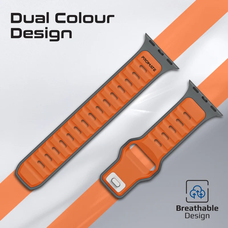 Promate Durable Two-Toned Silicone Sporty Watch Band •  For Apple Watch Series 1~9, SE & Ultra 1~2 • Made from Premium Silicone materials - Orange