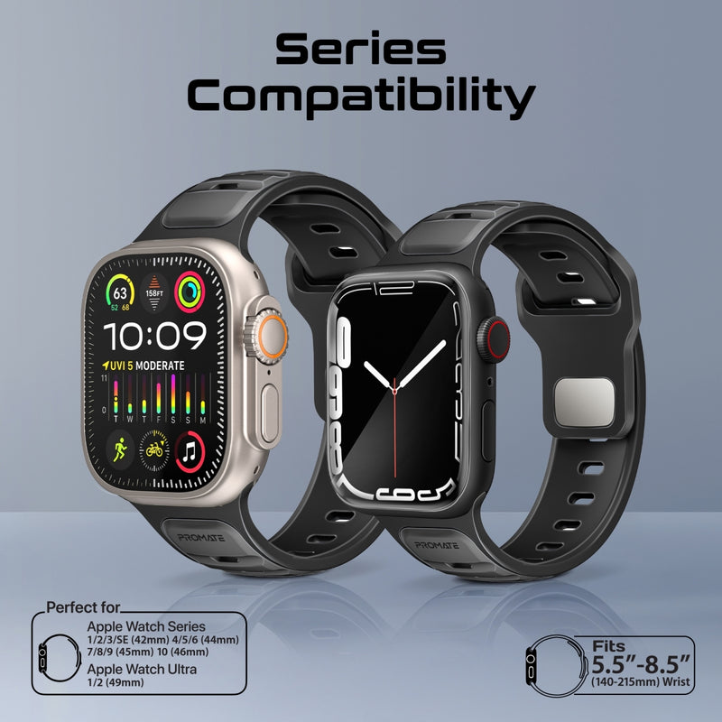 Promate Durable Two-Toned Silicone Sporty Watch Band For Apple Watch Series 1~9, SE & Ultra 1~2  Made from Premium Silicone materials - Black