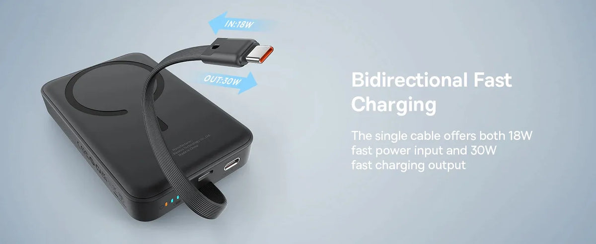 بنك طاقة لاسلكي مغناطيسي Baseus EnerFill FM11 بقوة 15 واط مع كابل USB-C مدمج، سعة 10000 مللي أمبير، قدرة 30 واط - أسود كوني
