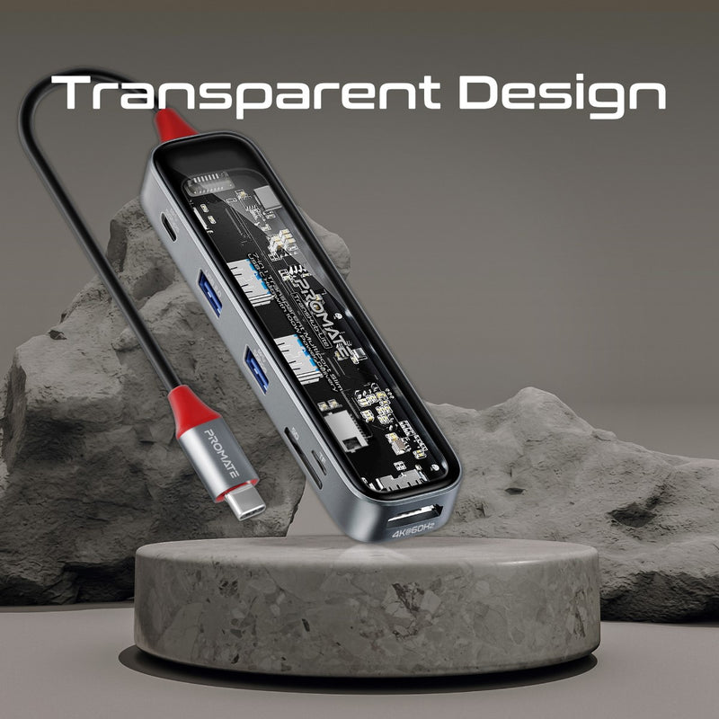 Promate 7-in 1 Transparent Multiport Slim USB-C Hub with 100W Power Delivery - Trans