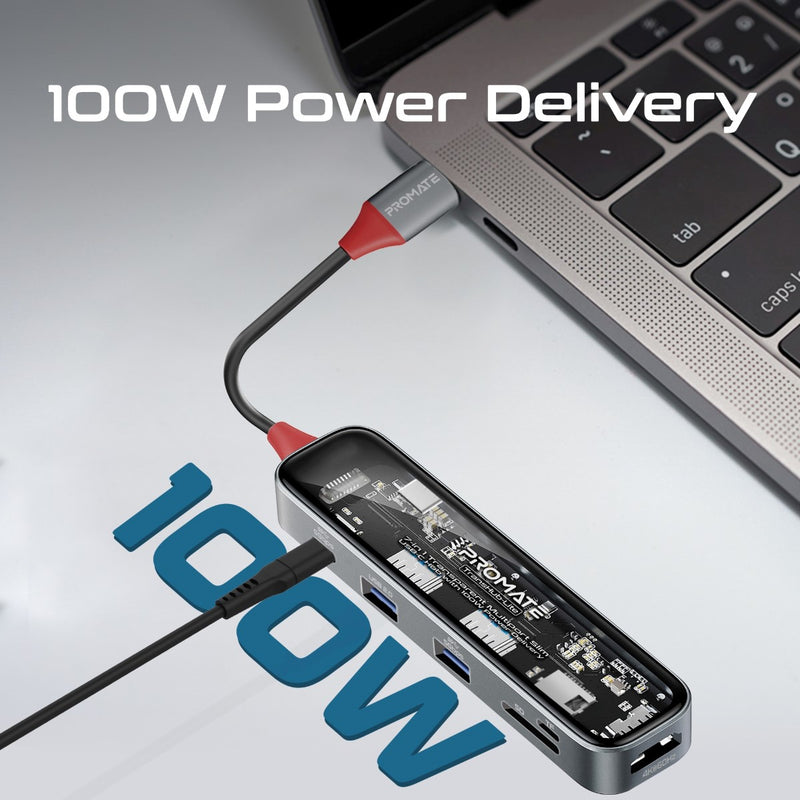 Promate 7-in 1 Transparent Multiport Slim USB-C Hub with 100W Power Delivery - Trans