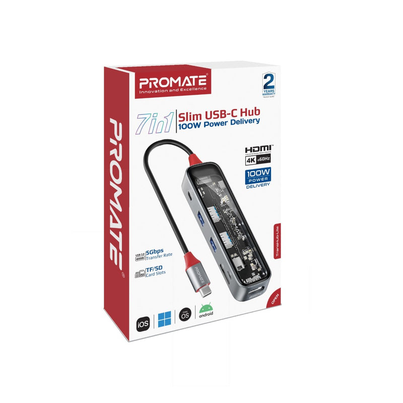 Promate 7-in 1 Transparent Multiport Slim USB-C Hub with 100W Power Delivery - Trans