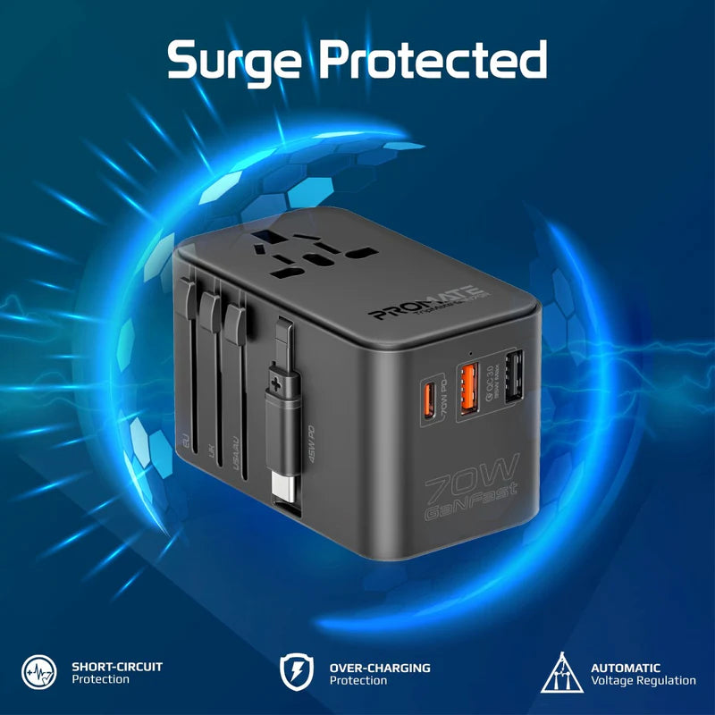 Promate 70W GaN Travel Adapter with Retractable Built-in USB-C Cable - Black
