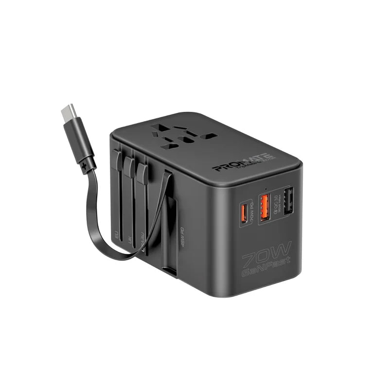 Promate 70W GaN Travel Adapter with Retractable Built-in USB-C Cable - Black