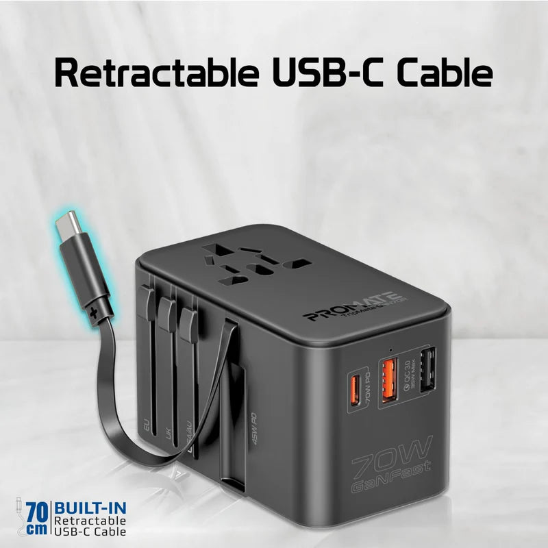 Promate 70W GaN Travel Adapter with Retractable Built-in USB-C Cable - Black