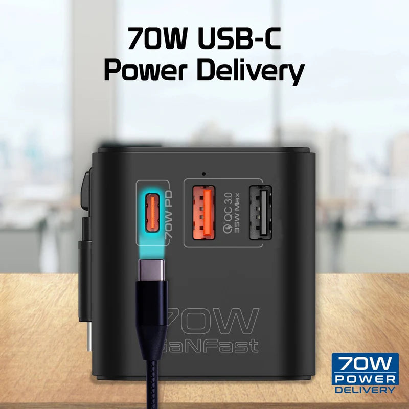Promate 70W GaN Travel Adapter with Retractable Built-in USB-C Cable - Black