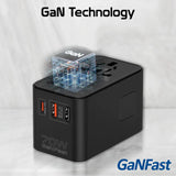 Promate 70W GaN Travel Adapter with Retractable Built-in USB-C Cable - Black