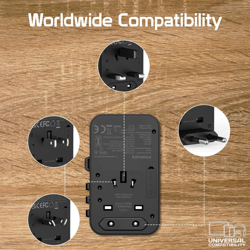 Promate 70W GaN Travel Adapter with Retractable Built-in USB-C Cable - Black