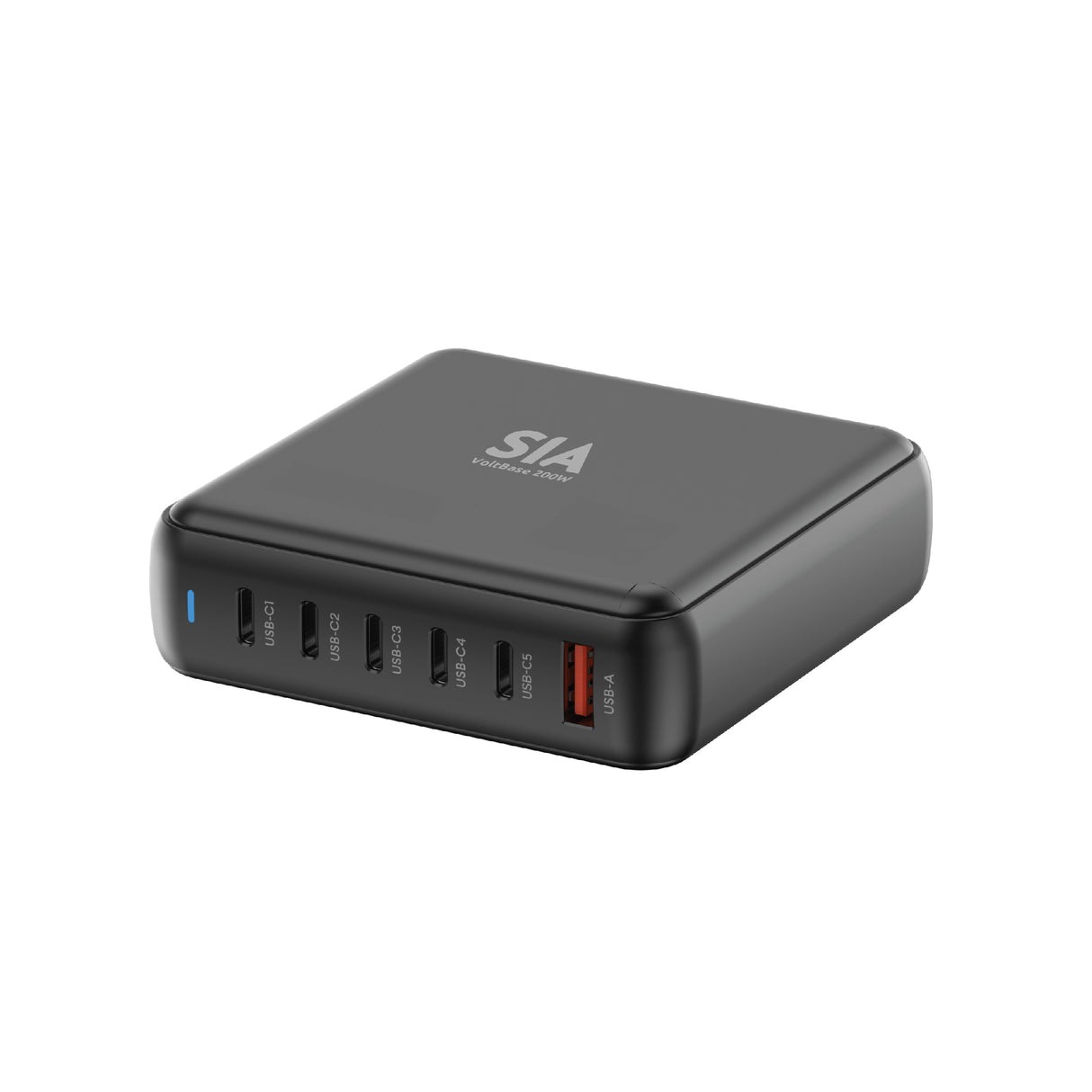 شاحن مكتبي SIA GaN بقدرة 200 واط – 6 منافذ (5 × USB-C + 1 × USB-A) – أسود – بريطانيا
