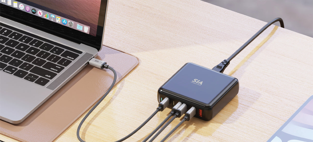 شاحن مكتبي SIA GaN بقدرة 200 واط – 6 منافذ (5 × USB-C + 1 × USB-A) – أسود – بريطانيا