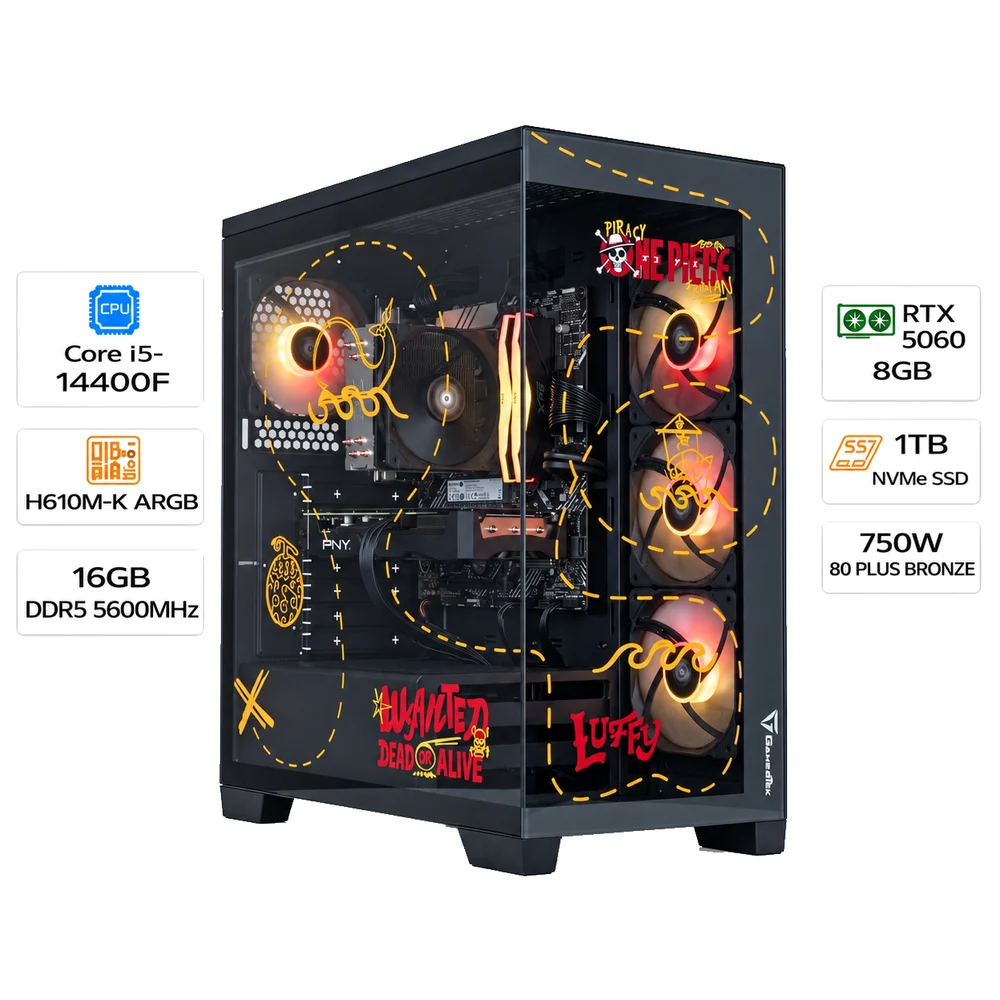 Custom Gaming PC Intel Core i5-14400F, RTX 5060 8GB, RAM 16GB DDR5 5600MHz, 1TB NVMe SSD, Windows 11 Pro