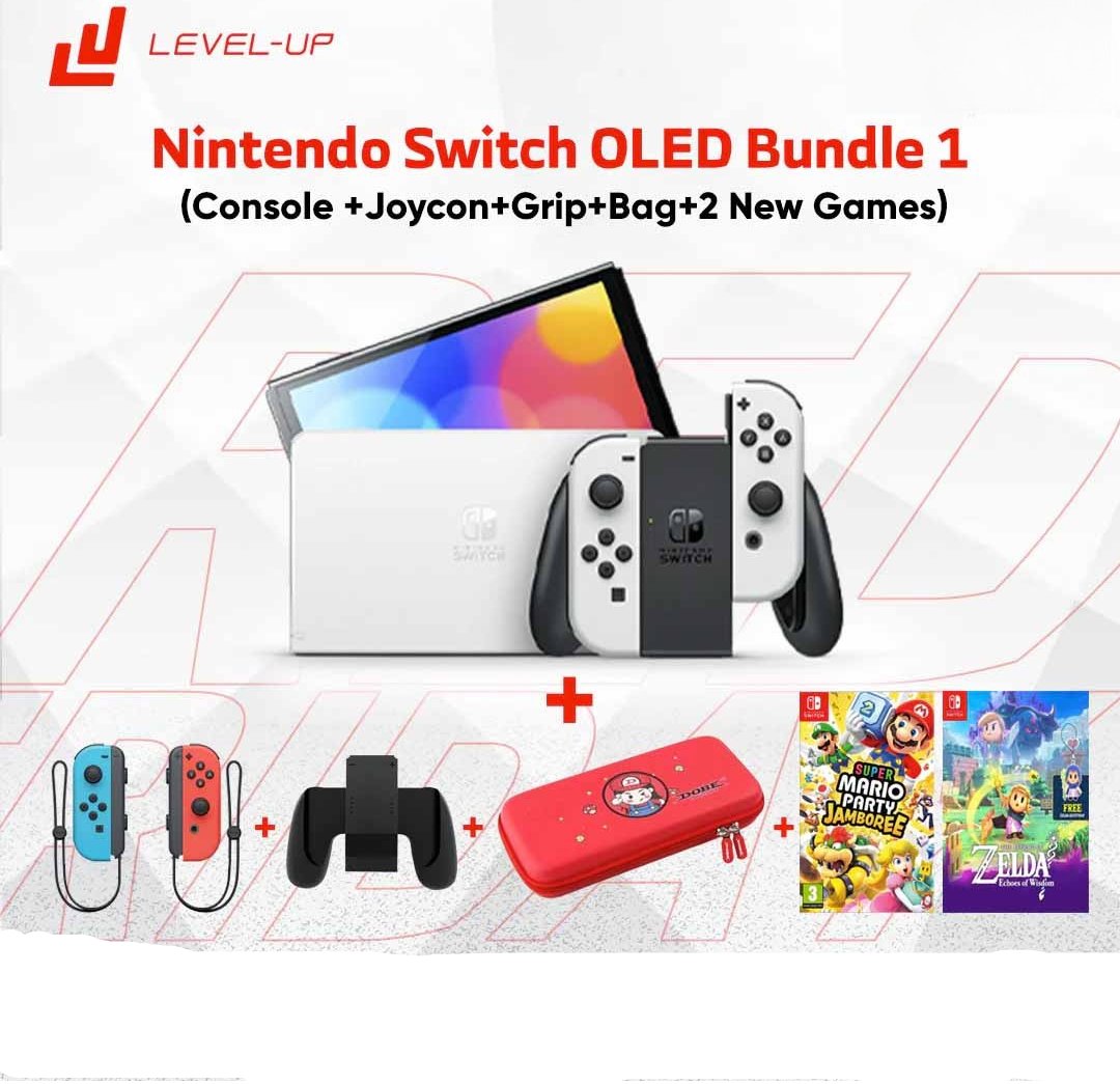 Nintendo Switch OLED Bundle 1: (Console +Joycon+Grip+Bag+2 New Games Mario Party Jamboree & Legend of Zelda: Echoes of Wisdom)