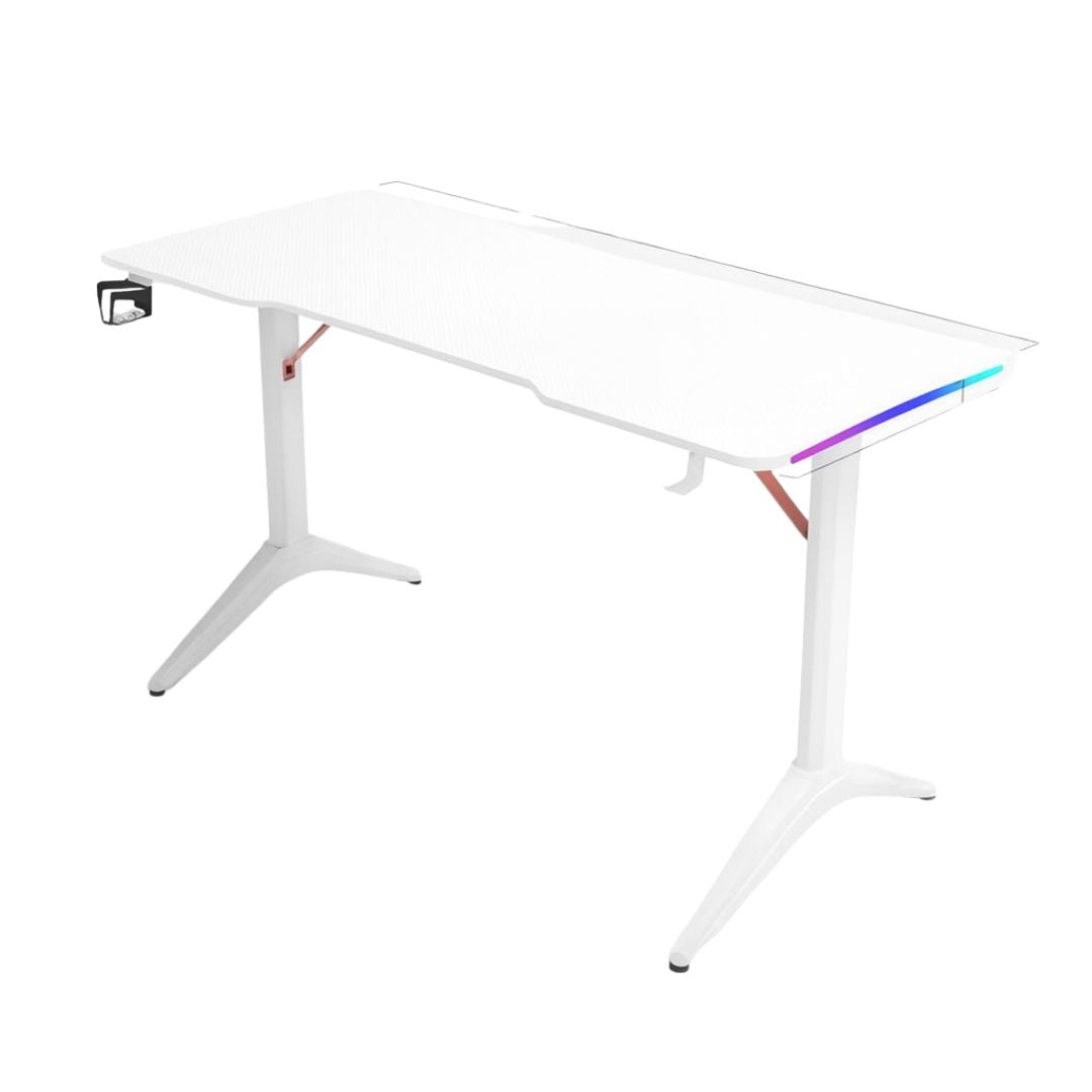 طاولة ألعاب 110 سم سطح كاربون فايبر مع إضاءة RGB وحوامل أكواب وسماعات - ابيض