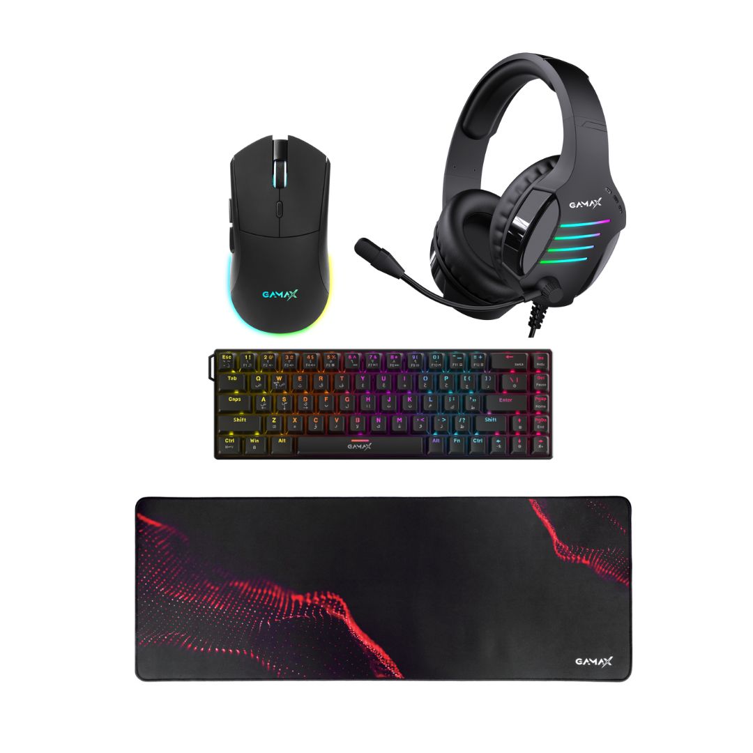 Gamax GM-204 4-in-1 Wired PC Accessory Set (AR Mechanical Keyboard, Mouse, Mousepad, Headset) - Black