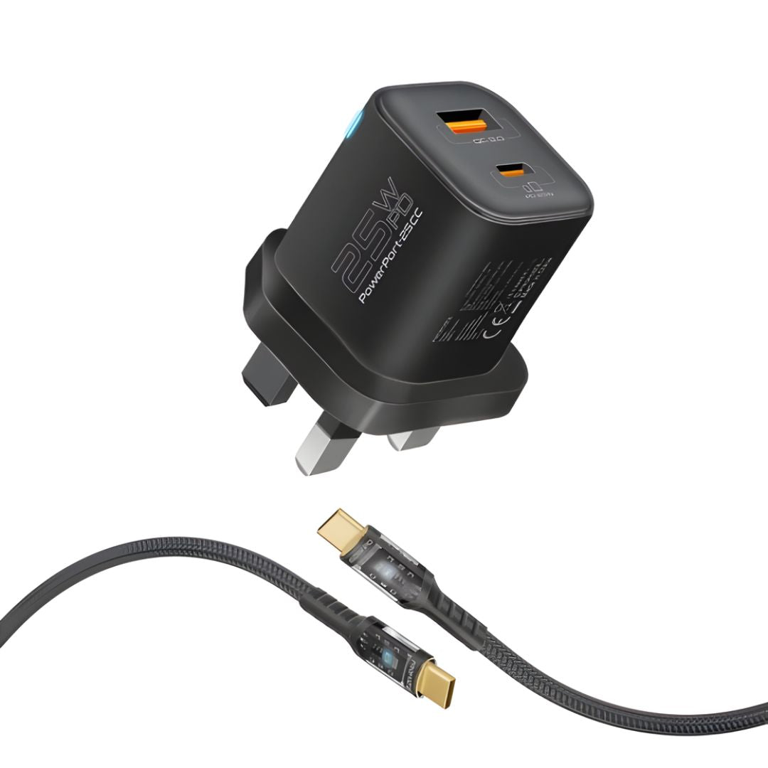 Promate 25W Power Delivery Dual Port Adapter Combo with 60W USB-C Cable - Black