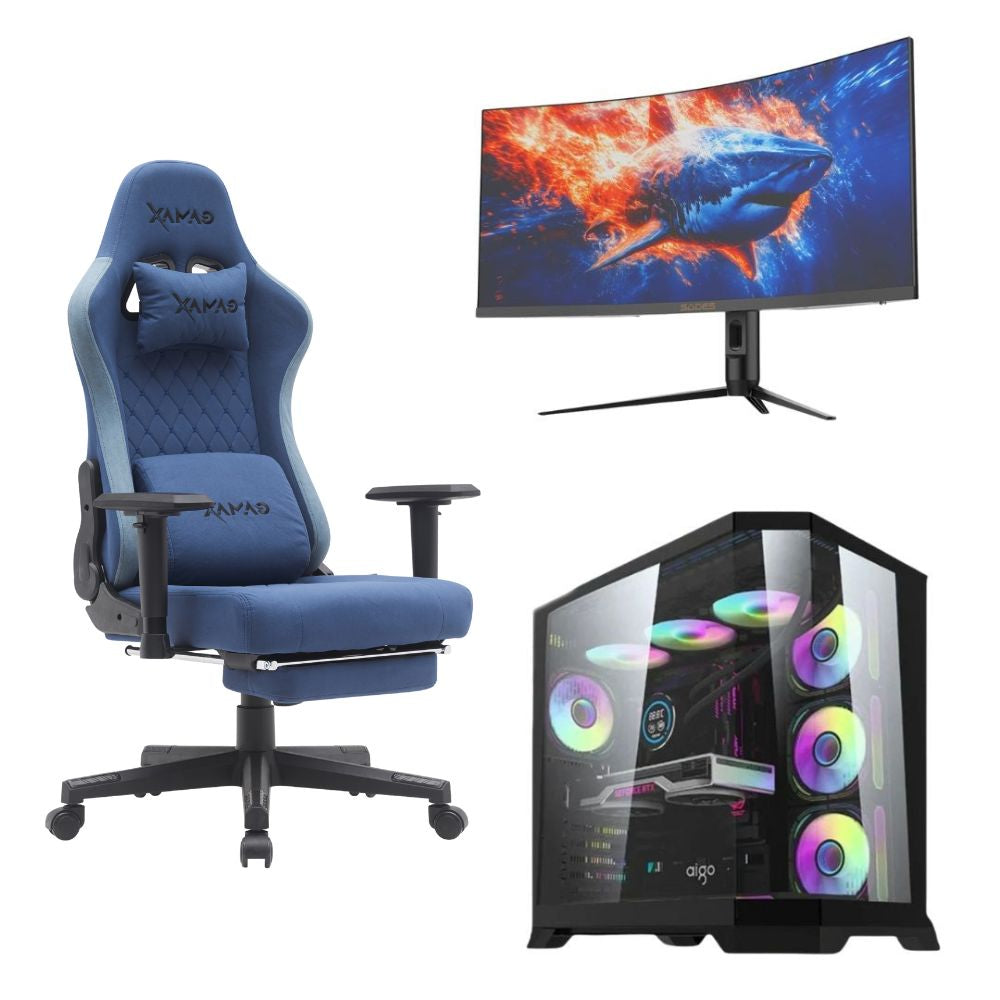 باقة كمبيوتر مكتبي بمعالج Intel Core i5-14400F وكرت شاشة ASUS RTX 5060 Ti سعة 16GB، مع ذاكرة 32GB DDR5 وتخزين NVMe سعة 1TB، مزوّد طاقة 750 واط، ونظام تشغيل Windows 11 Pro، تشمل شاشة منحنية Sades بحجم 34 بوصة QHD بتردد 180Hz وكرسي ألعاب من جاماكس