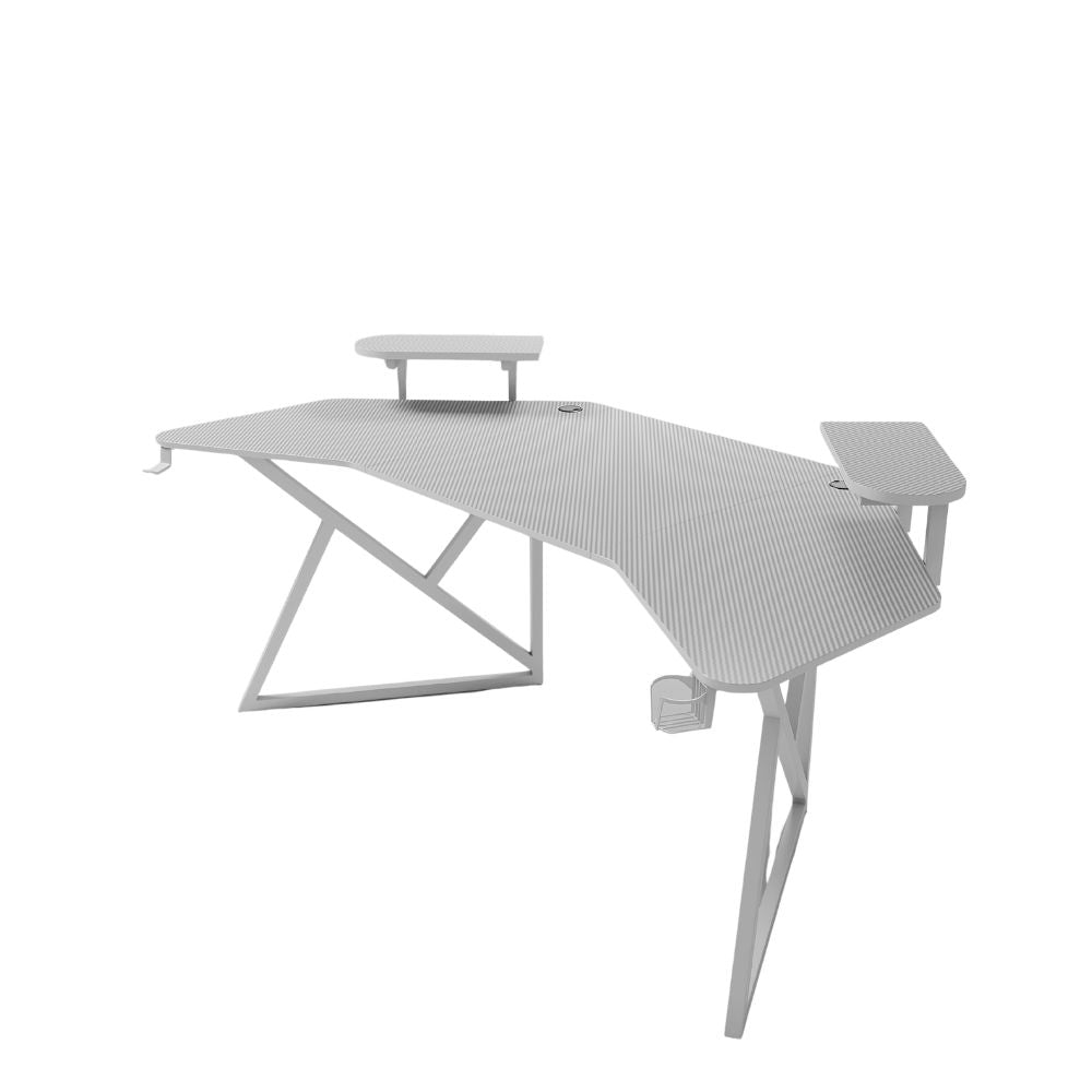 Gamax D2204W Curved Carbon fiber Gaming Table 180*70*74 cm with Multi Level Shelves & Mousepad - White (Installation Not Included)