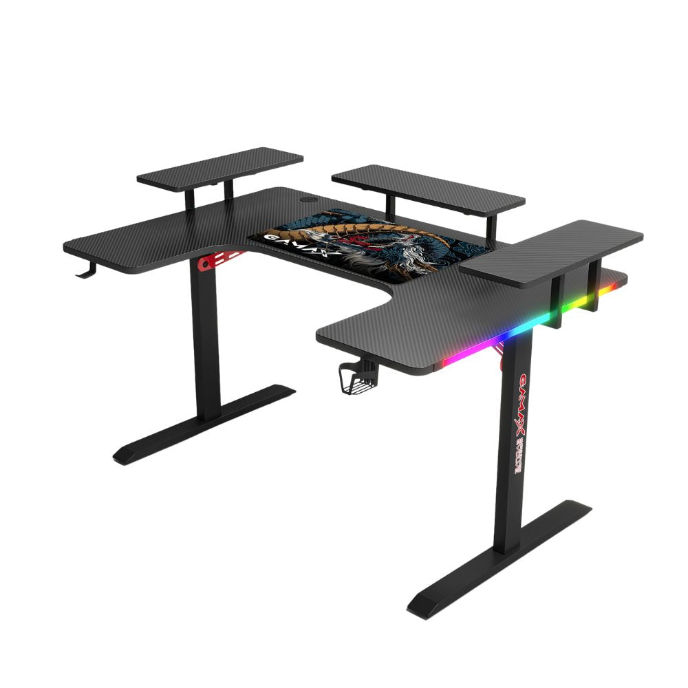 Gamax P203 RGB Carbon Fiber Gaming Workstation Desk with Multi-Level Shelves & Mousepad 160x100x74 cm - Black (Installation Not Included)