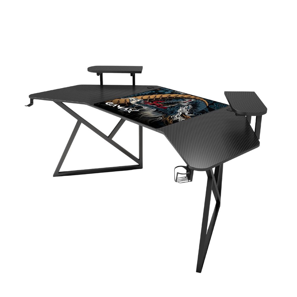 Gamax D2204B Curved Carbon fiber Gaming Table 180*70*74 cm with Multi Level Shelves & Mousepad - Black (Installation Not Included)