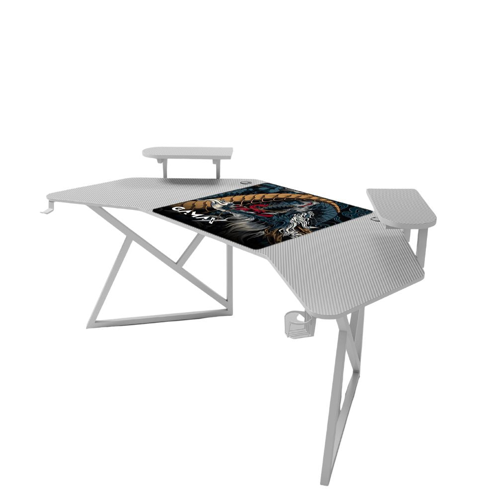 Gamax D2204W Curved Carbon fiber Gaming Table 180*70*74 cm with Multi Level Shelves & Mousepad - White (Installation Not Included)