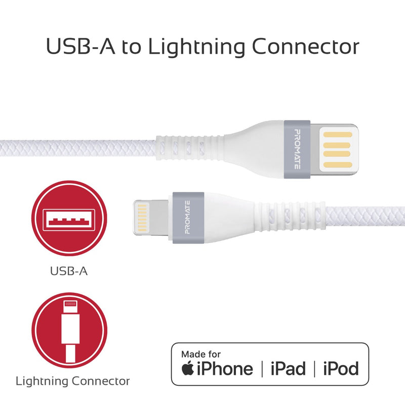 Promate Super-Flexible USB to Lightning Connector Cable  2A Standard Charging  - WHITE