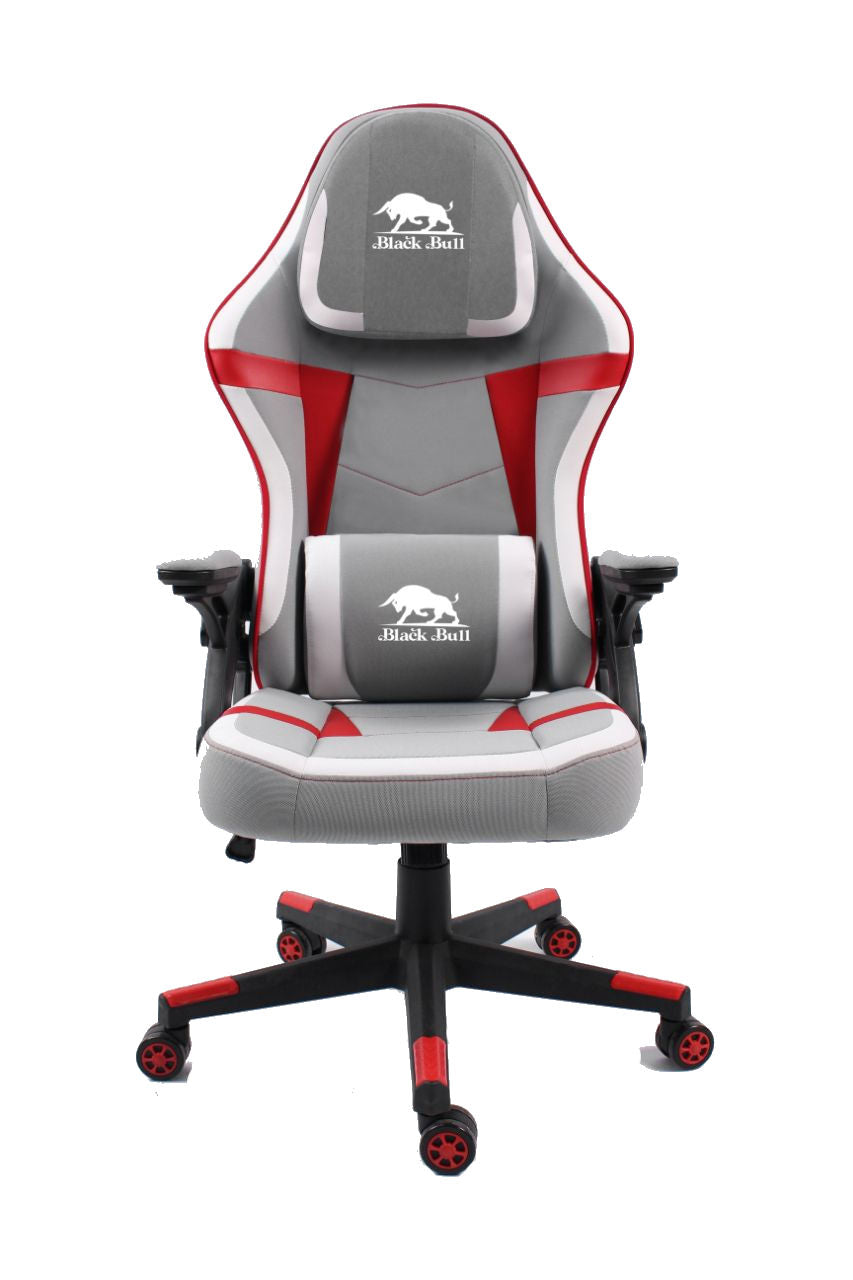 BLACK BULL Gaming Chair With Headrest Up & Down Slide Adjustable and Moveable Armrest, Woven Fabric, Light Grey White & Red