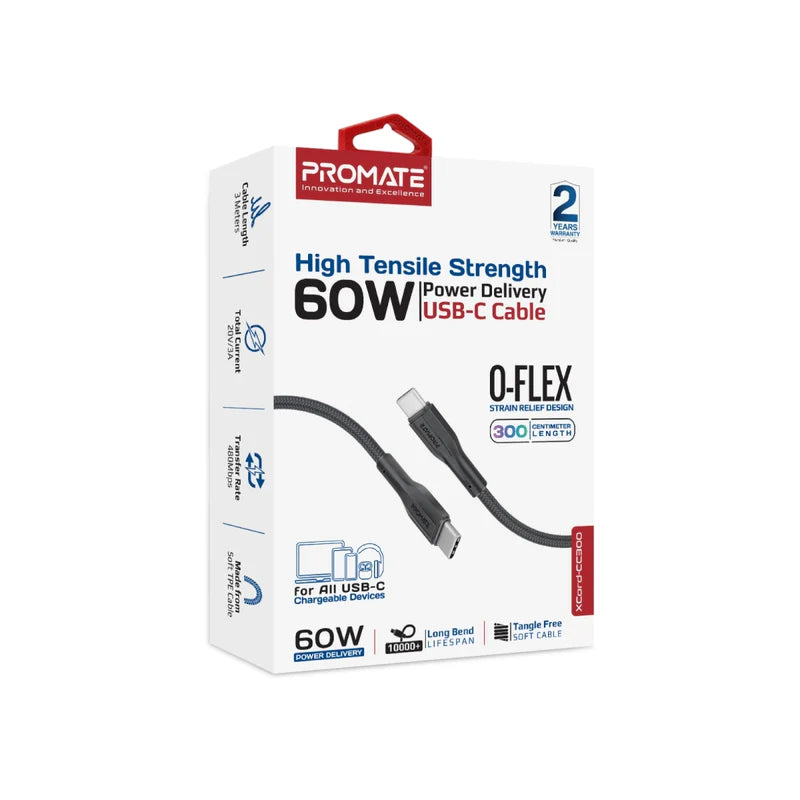 Promate Super-Flexible 60W USB-C to USB-C Cable 2A Standard Charging 3M length - Black