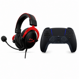 وحدة تحكم لاسلكية DualSense سوداء لجهاز PS5 مع ميكروفون HyperX Cloud II Pro للألعاب، حزمة خاصة باللونين الأسود والفضي