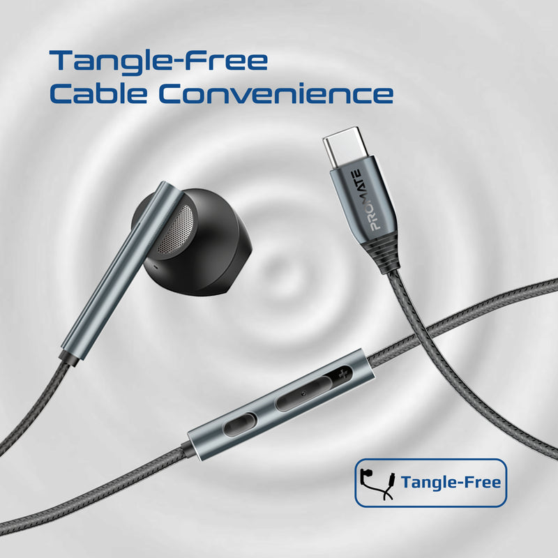 Promate Laxi-M.Black High Fidelity USB-C ENC Mono Wired Earphone In-Line Microphone & Volume Controls - Black