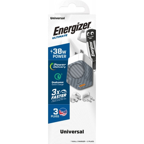 Energizer Ultimate 38W PD/QC Wall Charger with Universal Plug, Dual Output, Silver