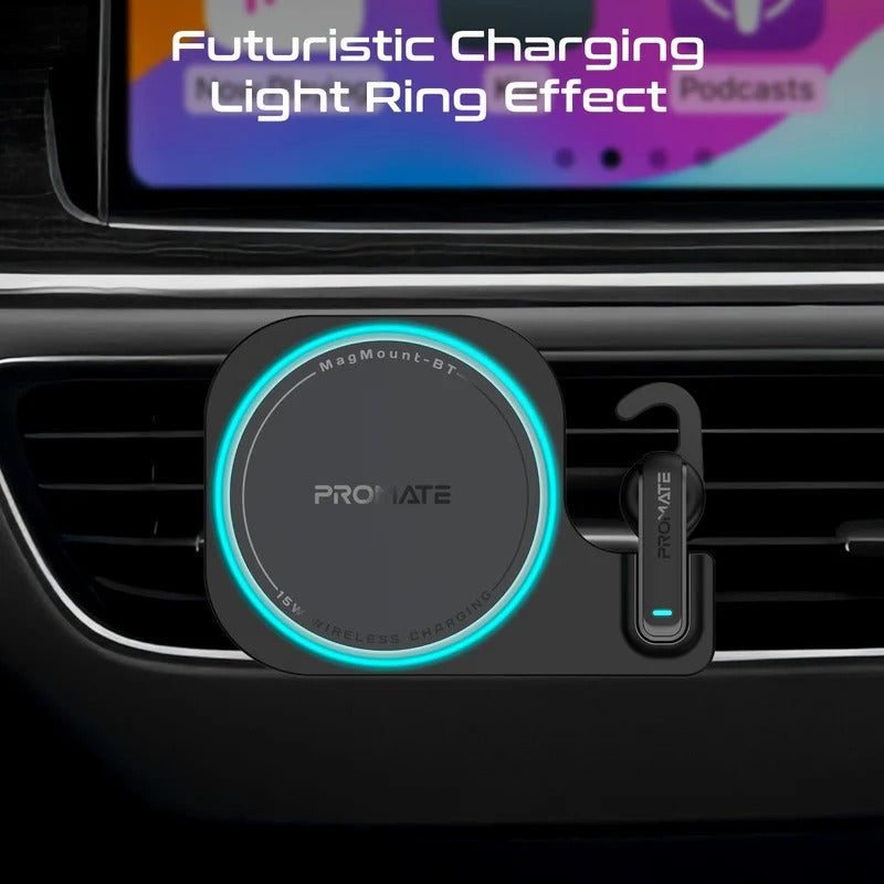 Promate 2-in-1 MagSafe Compatible 15W Wireless Car Charger with Built-in Wireless Mono ENC Earphone - Black